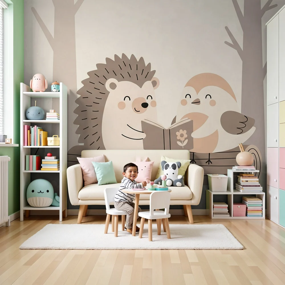 Kinderzimmer Tapete | Igel und Vogel lesen im Wald