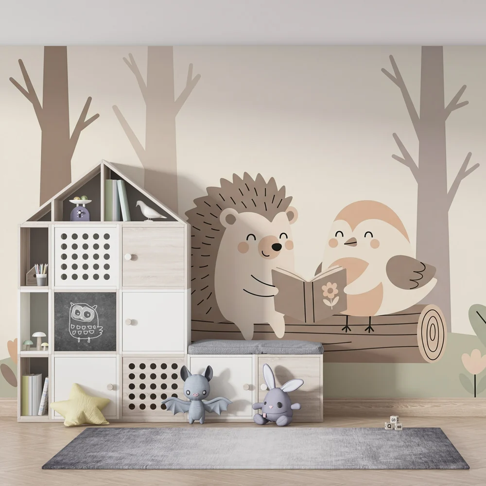 Kinderzimmer Tapete | Igel und Vogel lesen im Wald
