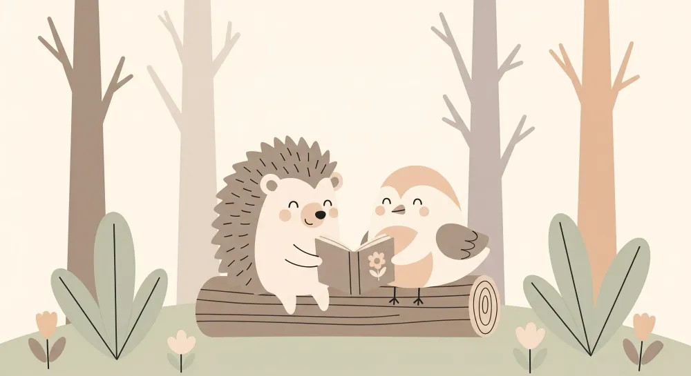 Kinderzimmer Tapete | Igel und Vogel lesen im Wald