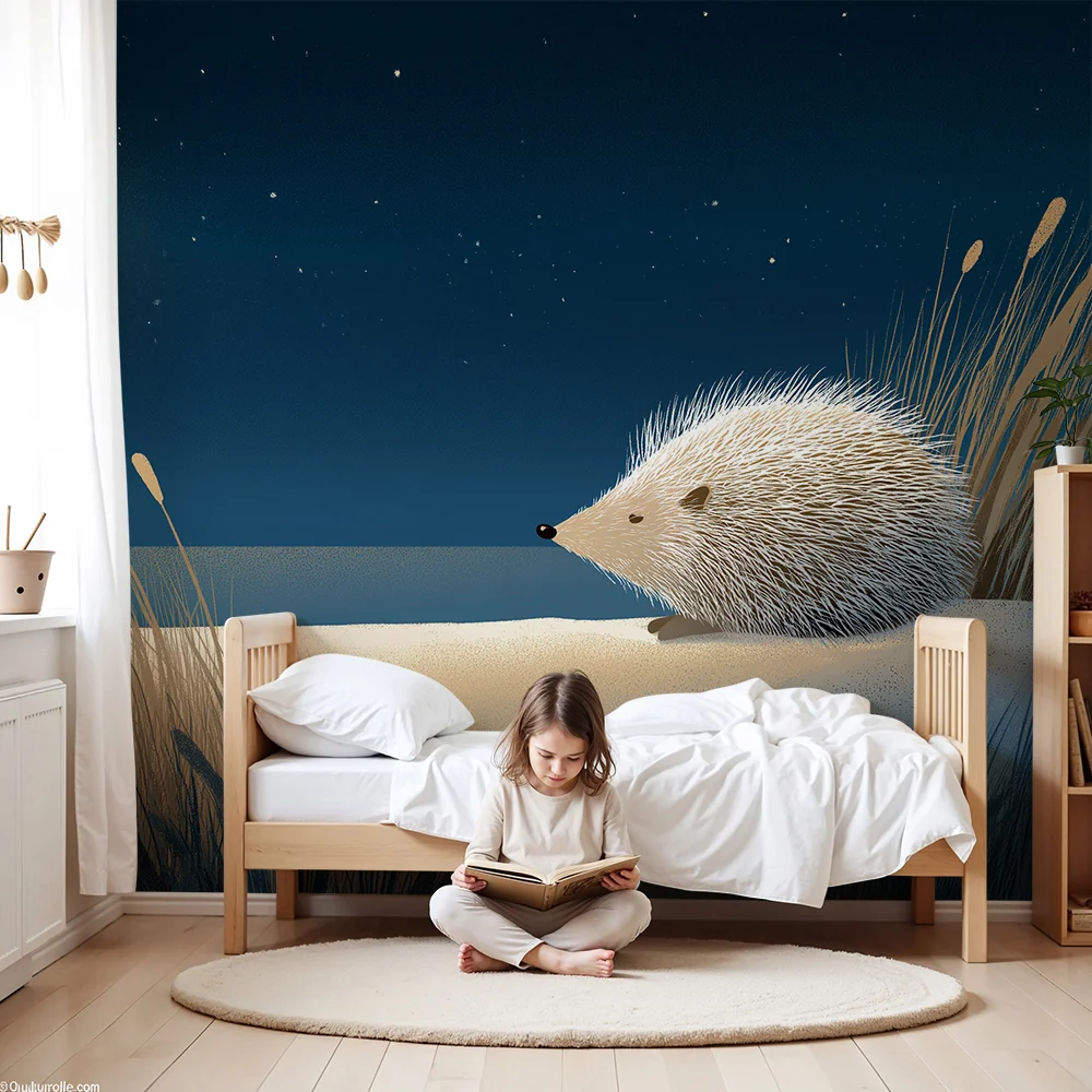 Kinderzimmer Tapete | Igel unter dem Mond einer nächtlichen Landschaft