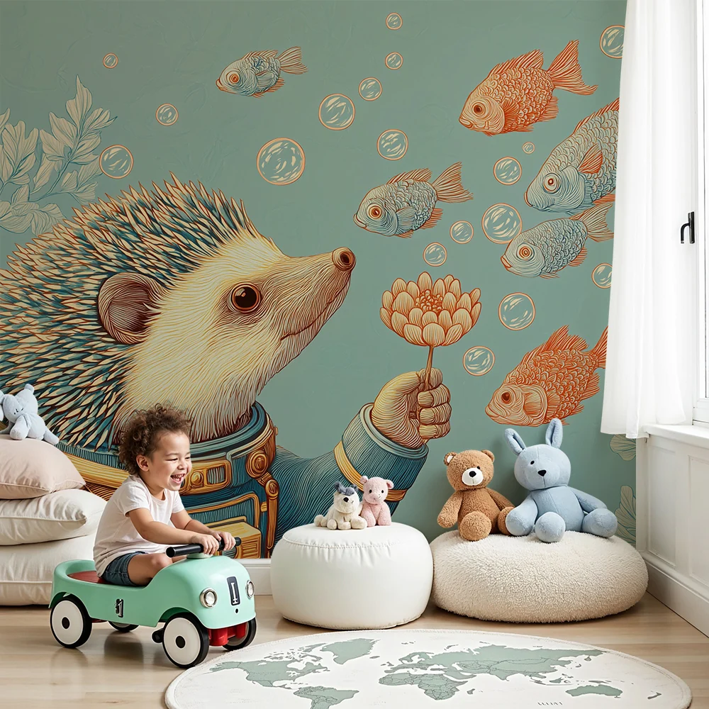 Kinderzimmer Tapete | Igel-Astronaut und bunte Fische einer aquatischen Welt