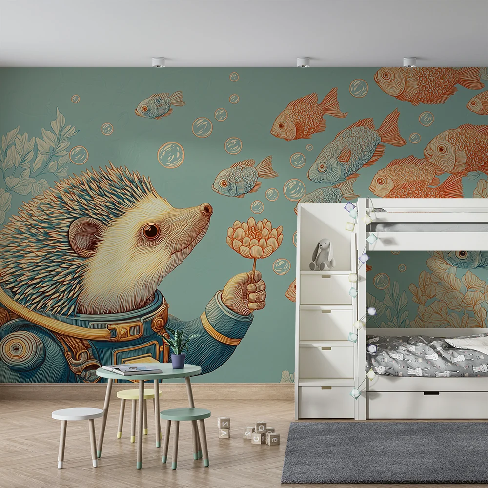 Kinderzimmer Tapete | Igel-Astronaut und bunte Fische einer aquatischen Welt
