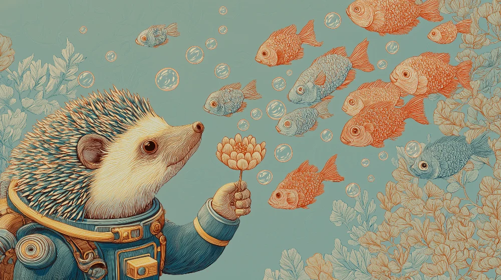 Kinderzimmer Tapete | Igel-Astronaut und bunte Fische einer aquatischen Welt