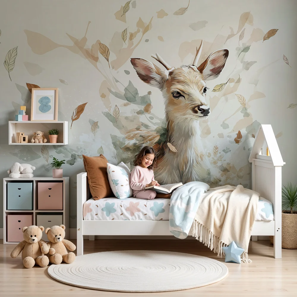 Kinderzimmer Tapete | Junger Hirsch und Herbstblätter