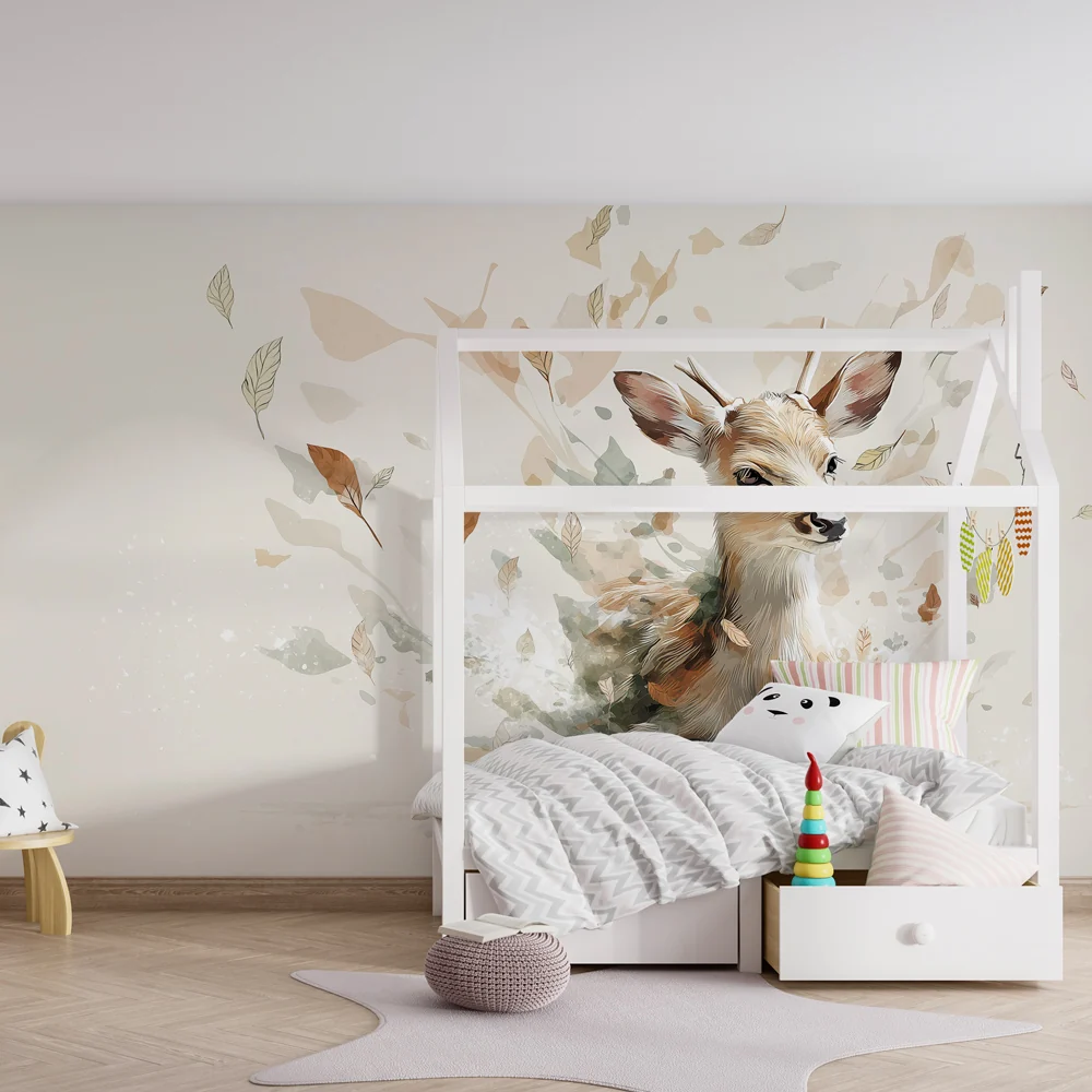 Kinderzimmer Tapete | Junger Hirsch und Herbstblätter