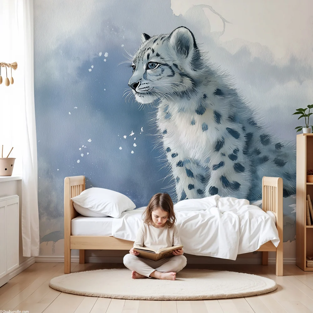 Kinderzimmer Tapete | Junger Schneeleopard einer winterlichen Landschaft