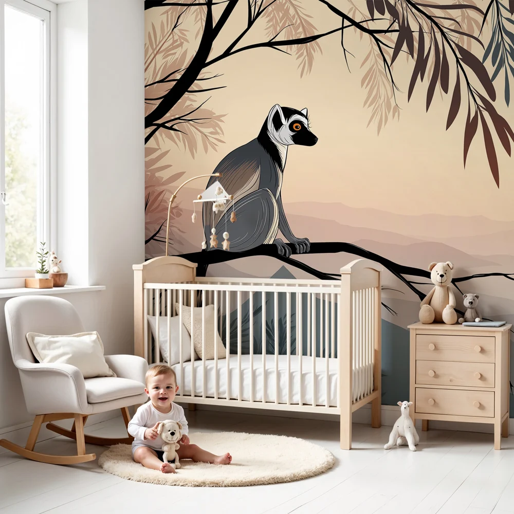 Kinderzimmer Tapete | Lemur auf einem Ast beim Sonnenaufgang