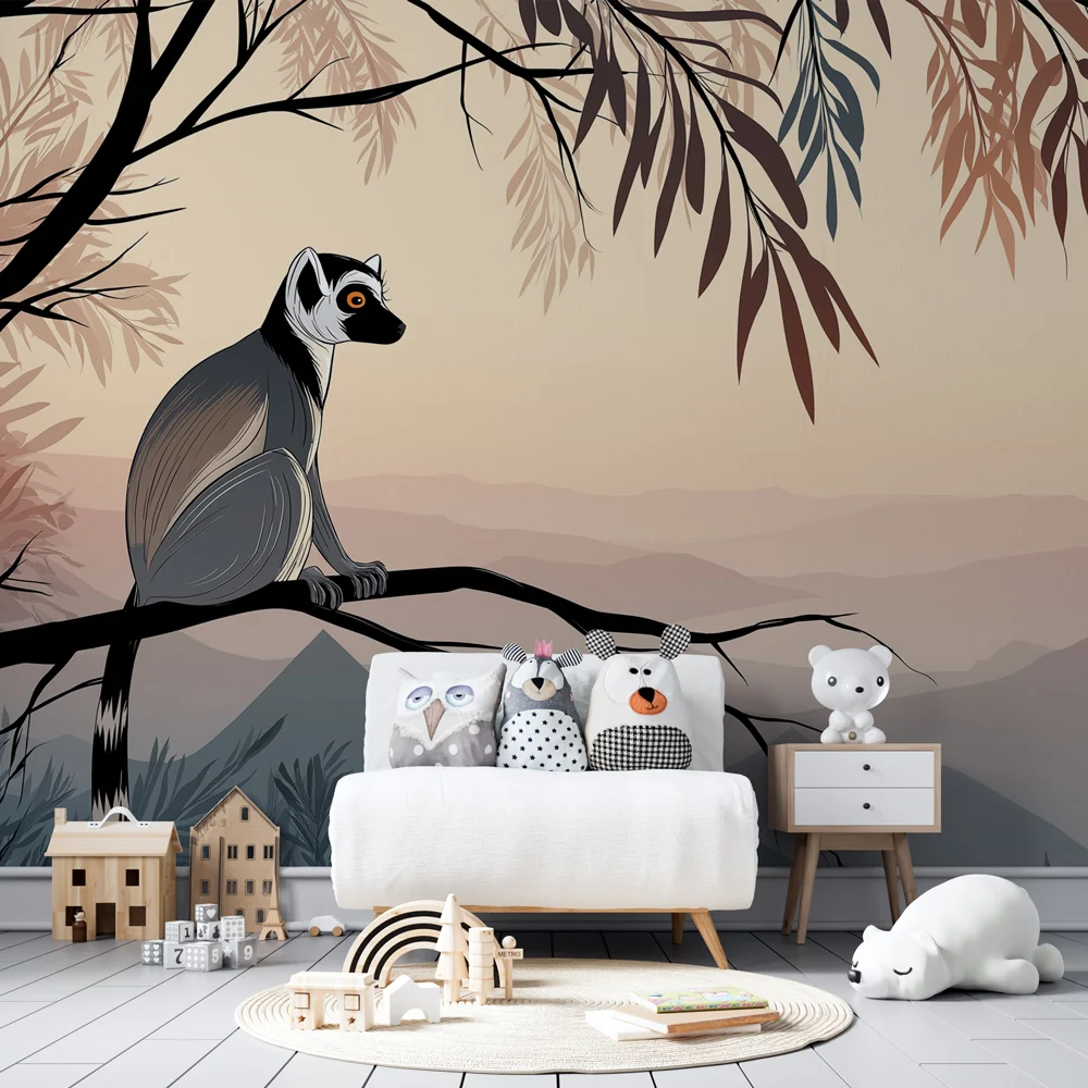 Kinderzimmer Tapete | Lemur auf einem Ast beim Sonnenaufgang