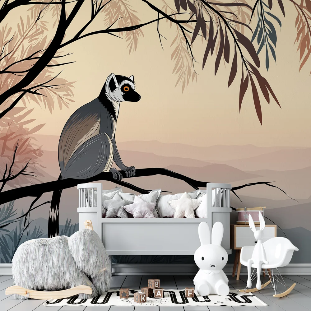 Kinderzimmer Tapete | Lemur auf einem Ast beim Sonnenaufgang