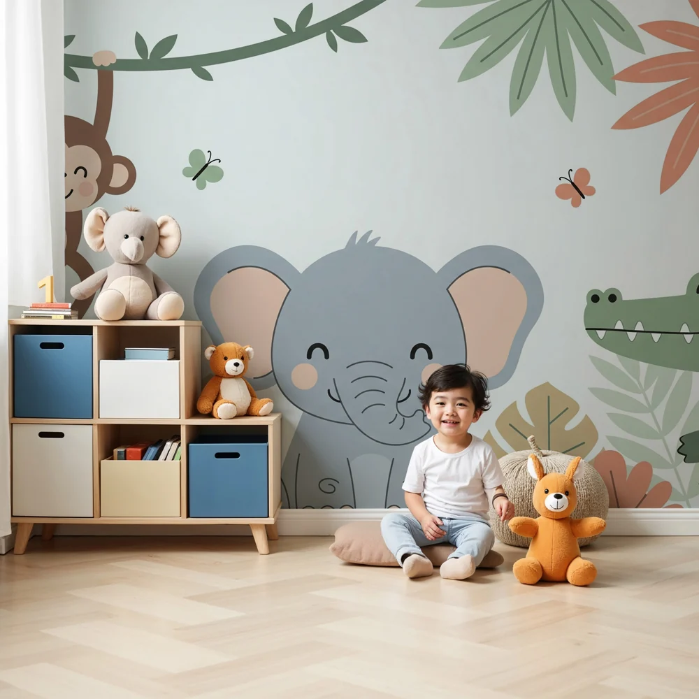 Kinderzimmer Tapete | Lustige Dschungeltiere und bunte Blätter