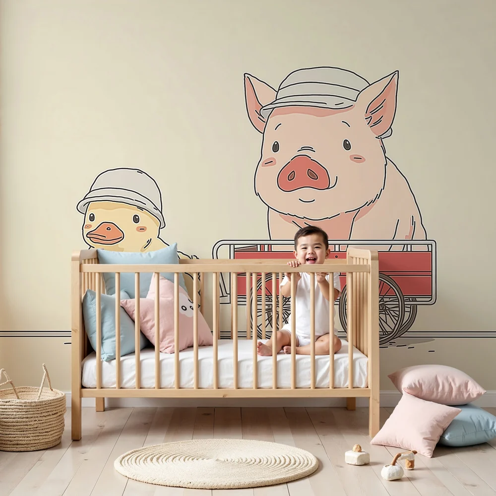 Kinderzimmer Tapete | Lustige Schwein und Ente