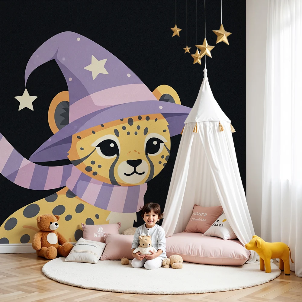 Kinderzimmer Tapete | Magischer Leopard mit Hut und Schal