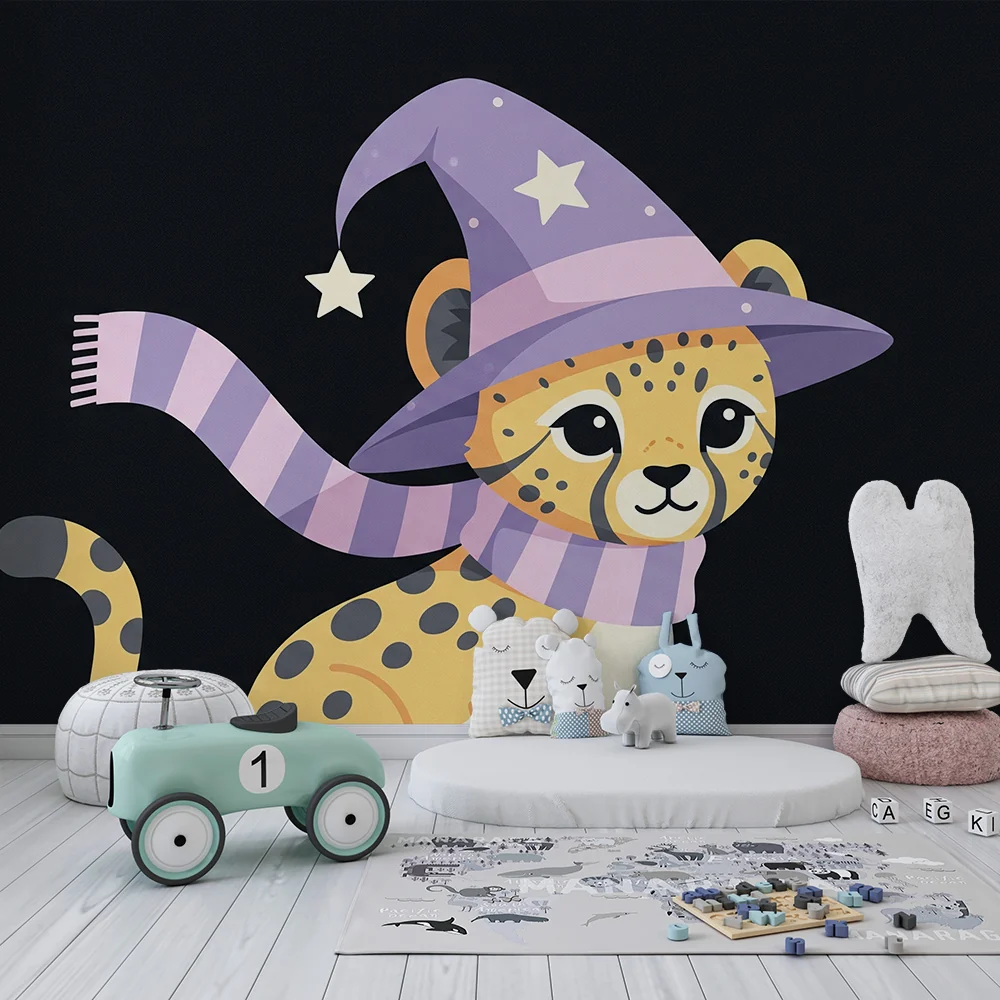 Kinderzimmer Tapete | Magischer Leopard mit Hut und Schal