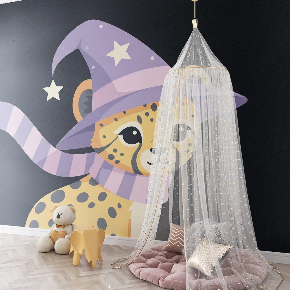 Kinderzimmer Tapete | Magischer Leopard mit Hut und Schal
