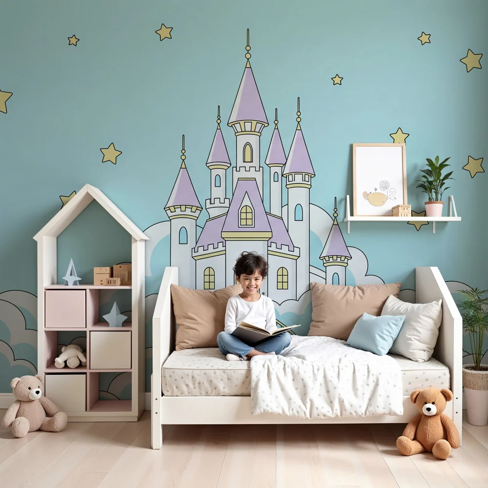 Kinderzimmer Tapete | Magisches Schloss den blauen Himmelwolken