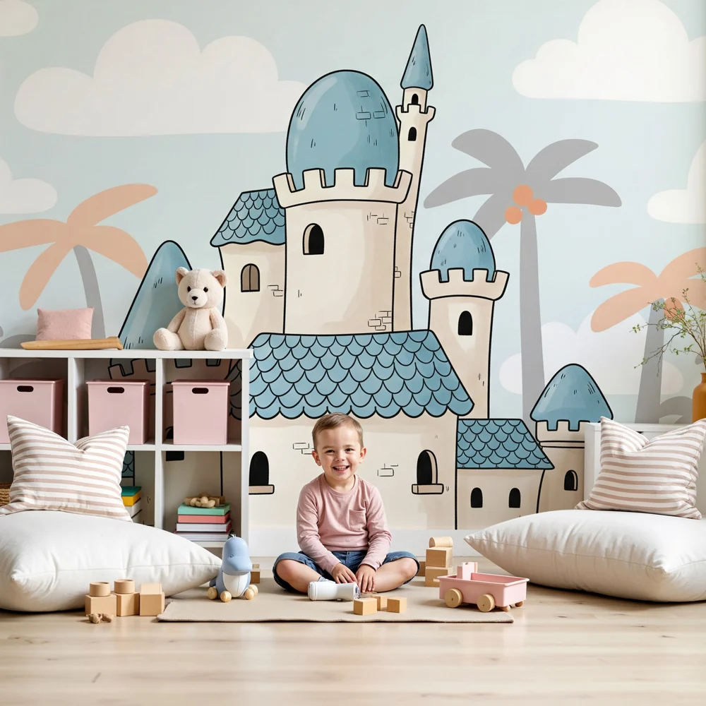 Kinderzimmer Tapete | Magisches Schloss und Kokospalmen