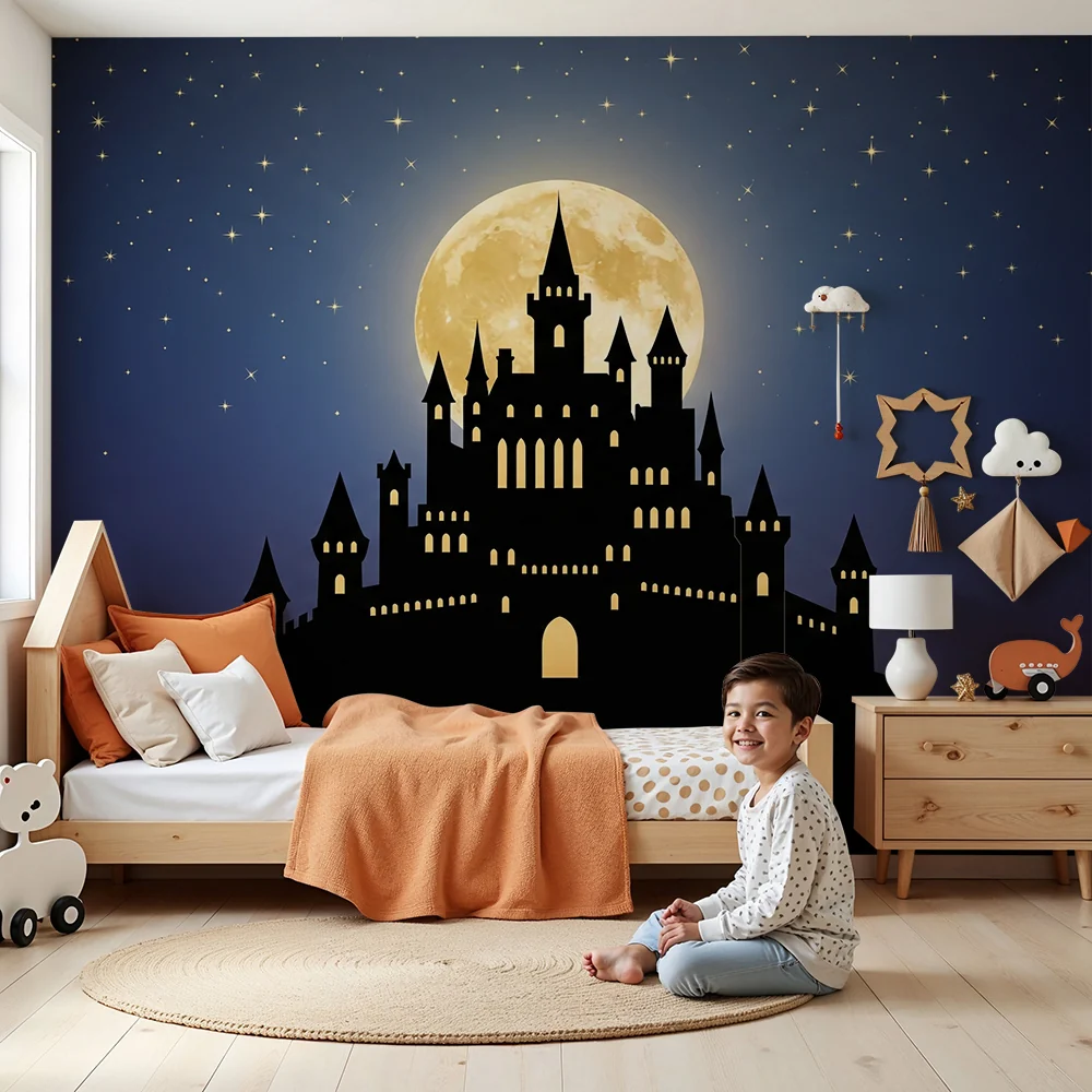 Kinderzimmer Tapete | Magisches Schloss unter dem leuchtenden Mond