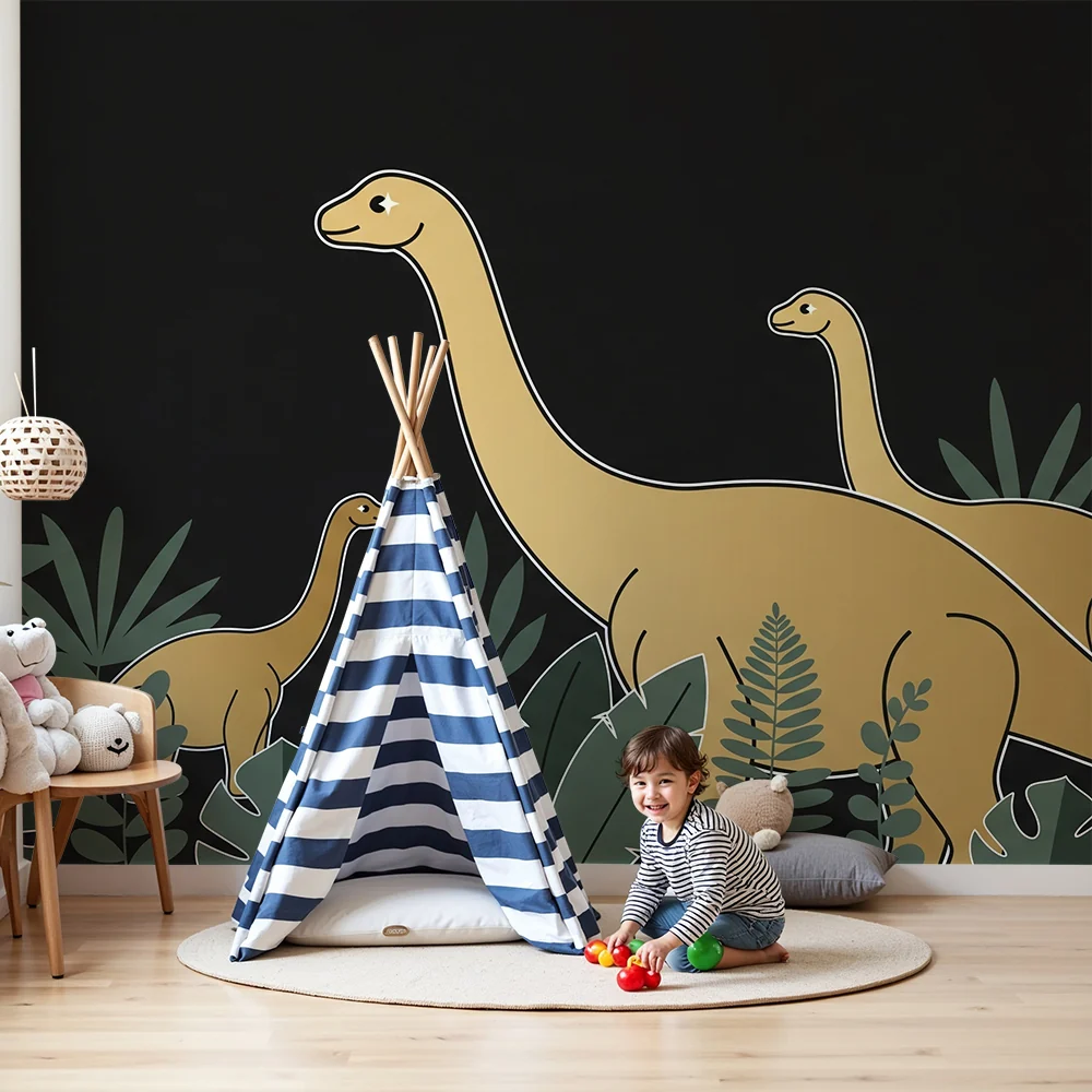 Kinderzimmer Tapete | Majestätische Dinosaurier inmitten tropischer Vegetation