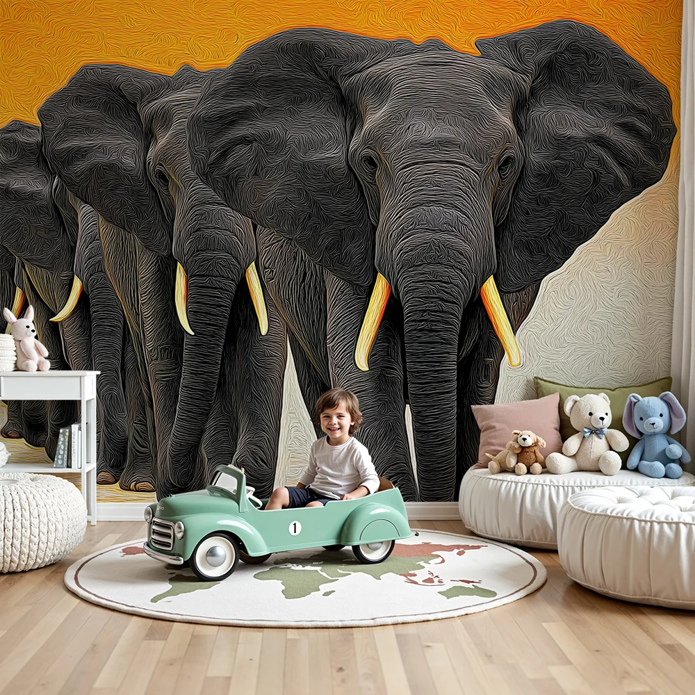Kinderzimmer Tapete | Majestätische Elefanten, die unter einem orangefarbenen Himmel spazieren gehen