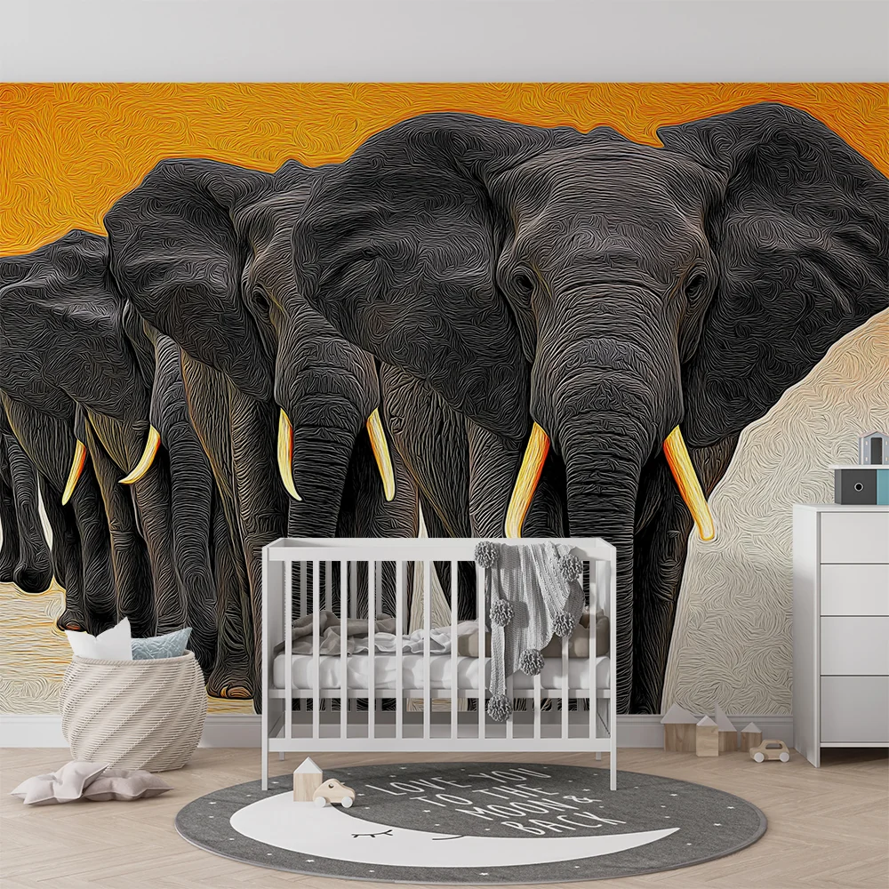 Kinderzimmer Tapete | Majestätische Elefanten, die unter einem orangefarbenen Himmel spazieren gehen