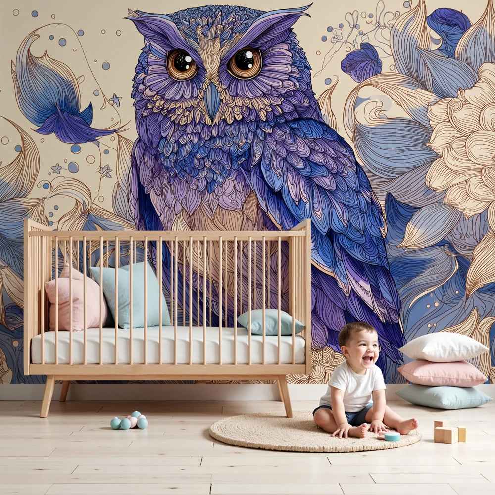 Kinderzimmer Tapete | Majestätische Eule inmitten von Blumen
