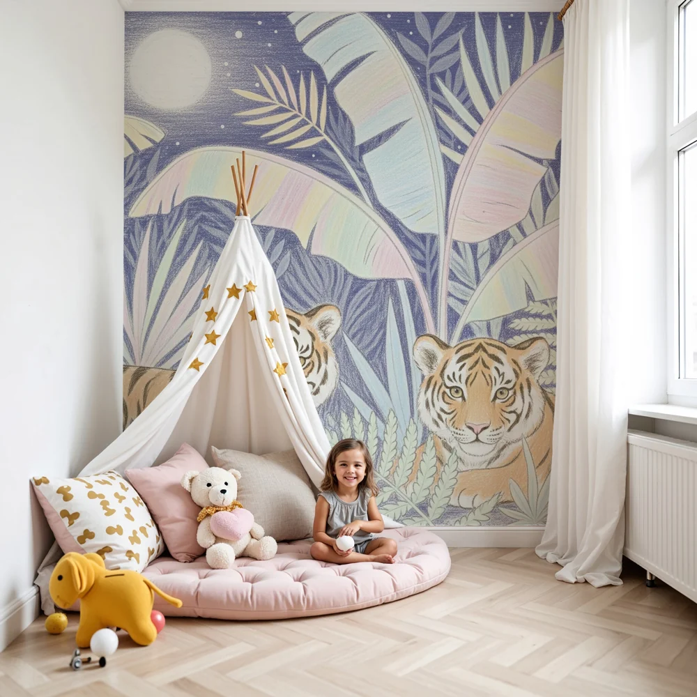 Kinderzimmer Tapete | Majestätische Raubtiere unter dem Mond