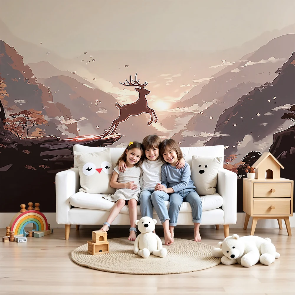 Kinderzimmer Tapete | Majestätischer Hirsch überblickt ein bezauberndes Tal