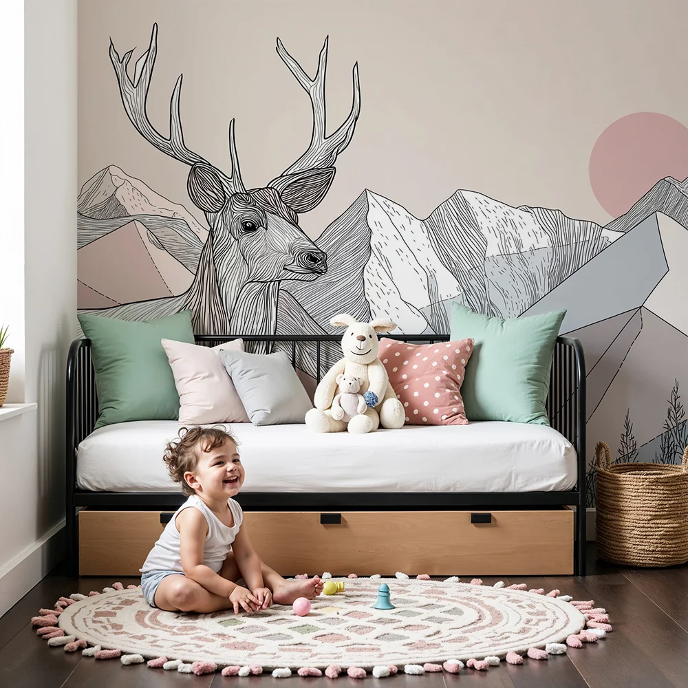 Kinderzimmer Tapete | Majestätischer Hirsch und geometrische Berge