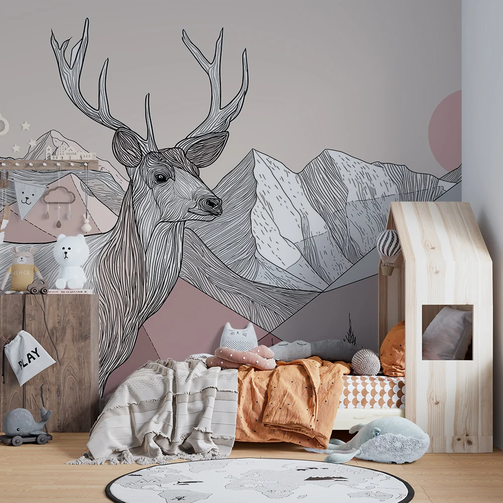 Kinderzimmer Tapete | Majestätischer Hirsch und geometrische Berge