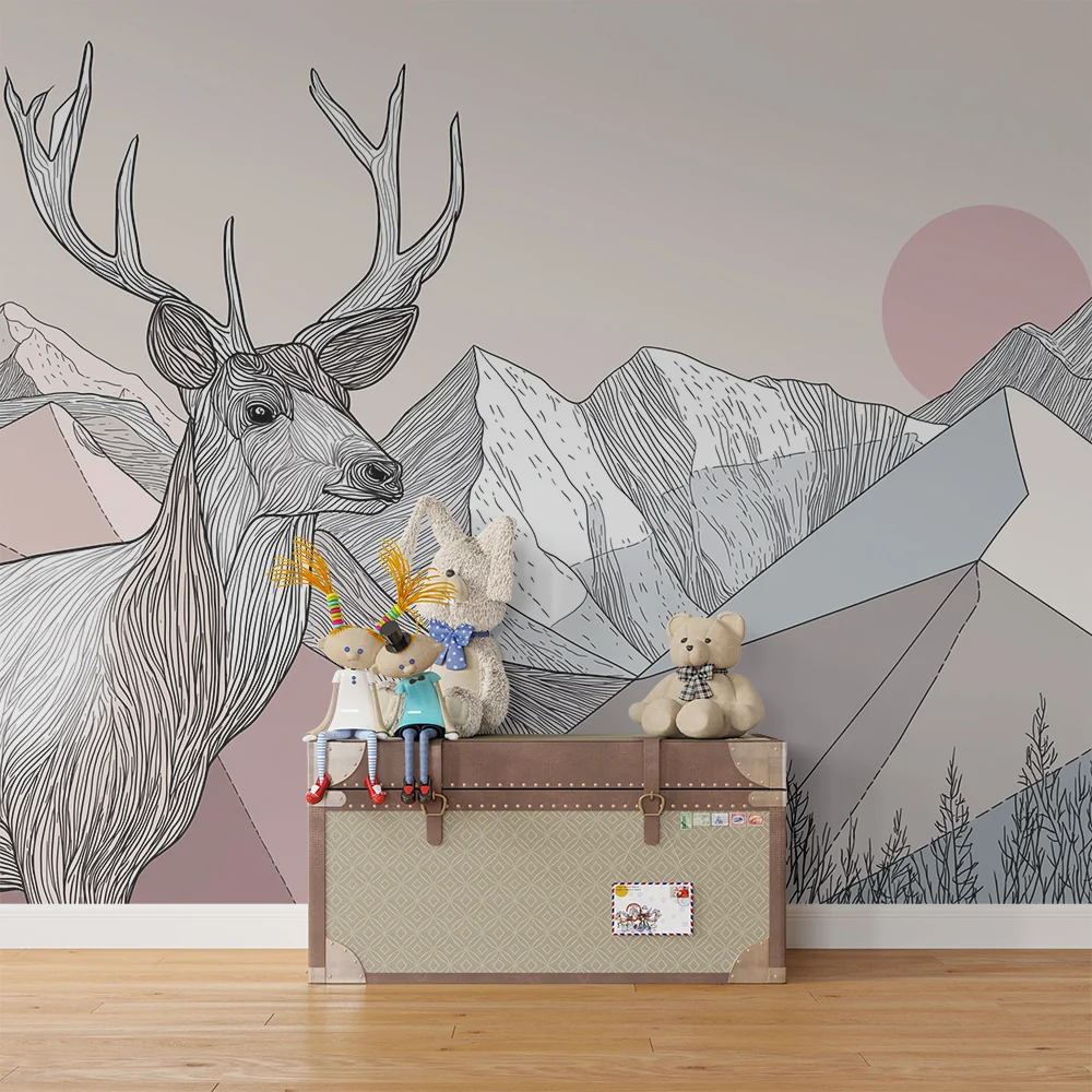 Kinderzimmer Tapete | Majestätischer Hirsch und geometrische Berge