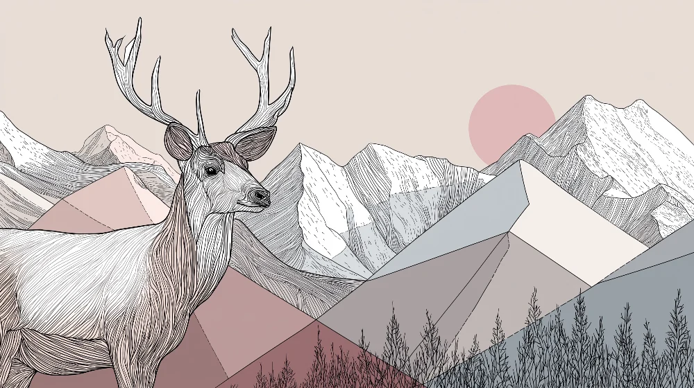 Kinderzimmer Tapete | Majestätischer Hirsch und geometrische Berge
