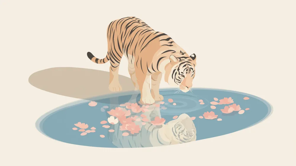 Kinderzimmer Tapete | Majestätischer Tiger am Ufer eines blühenden Teiches