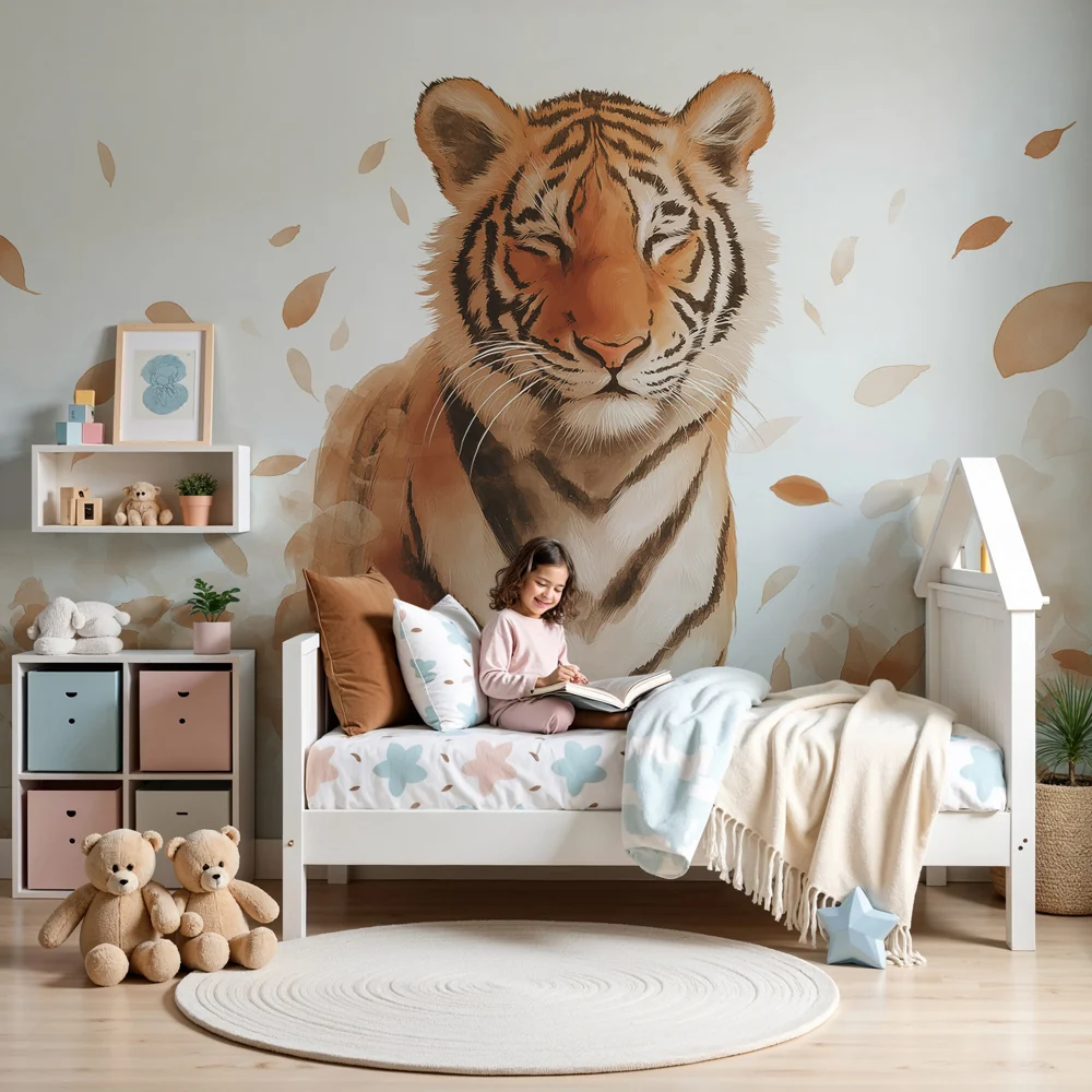 Kinderzimmer Tapete | Majestätischer Tiger unter einem Hauch von Blättern