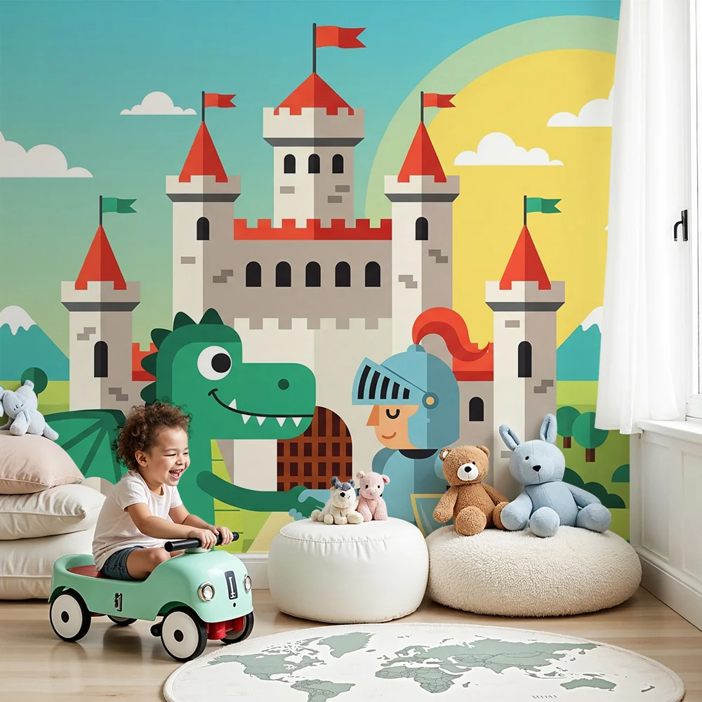 Kinderzimmer Tapete | Märchenschloss mit Drachen und Ritter