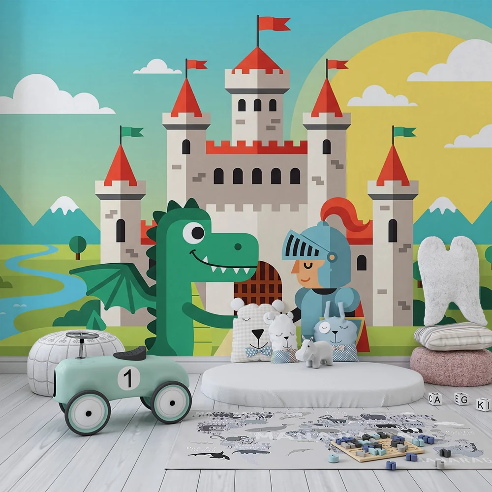 Kinderzimmer Tapete | Märchenschloss mit Drachen und Ritter