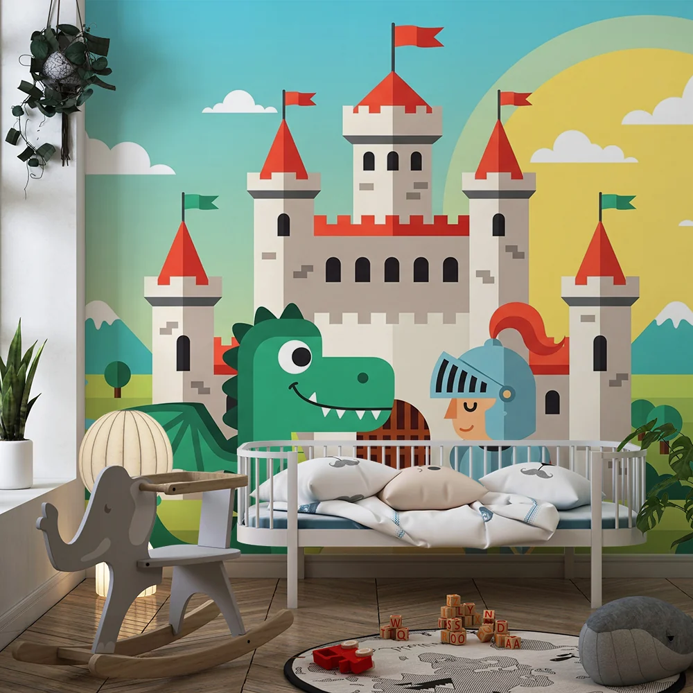 Kinderzimmer Tapete | Märchenschloss mit Drachen und Ritter