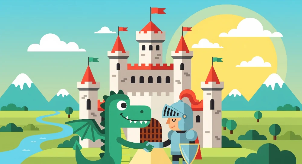 Kinderzimmer Tapete | Märchenschloss mit Drachen und Ritter