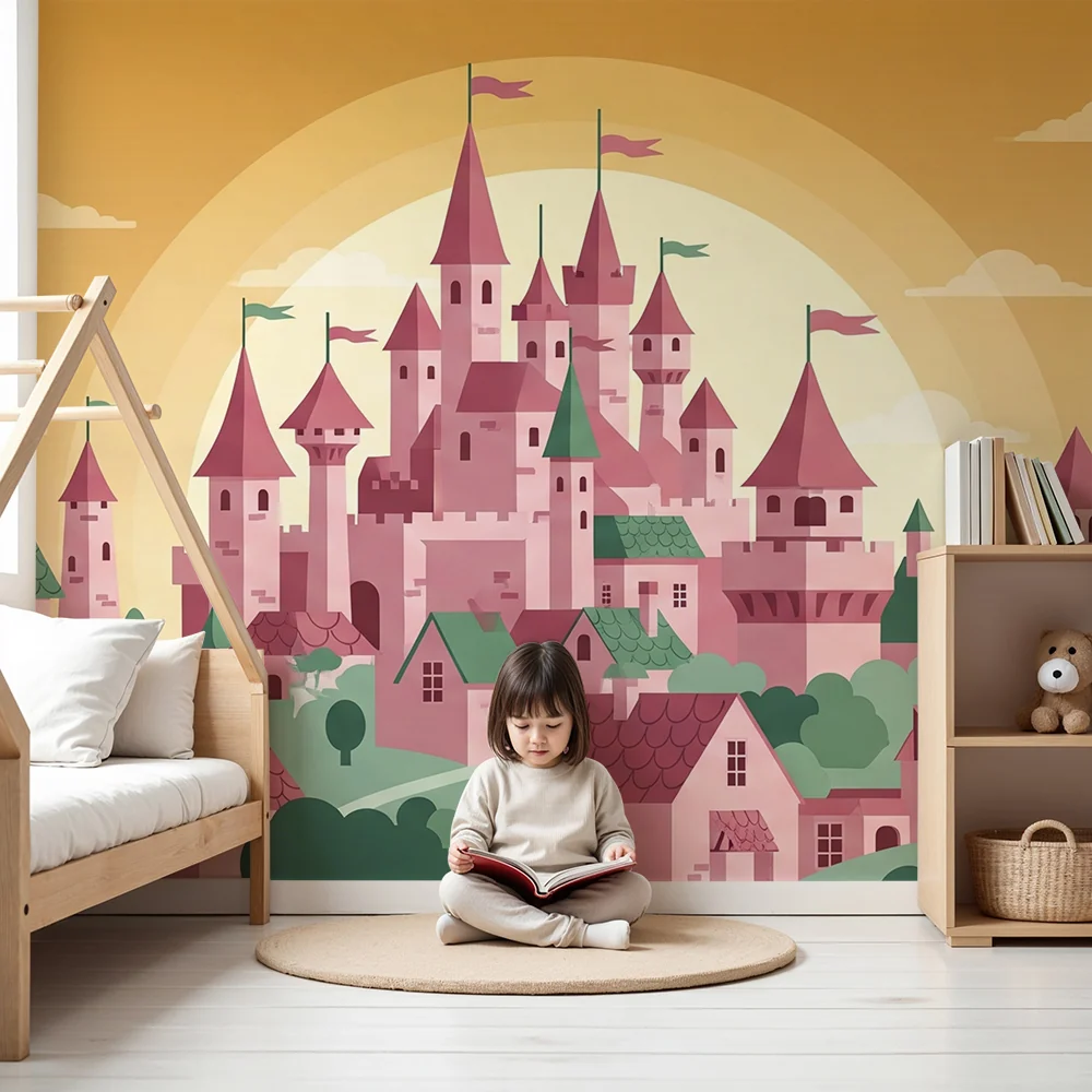 Kinderzimmer Tapete | Märchenschloss und bunter Dorf unter goldenem Himmel