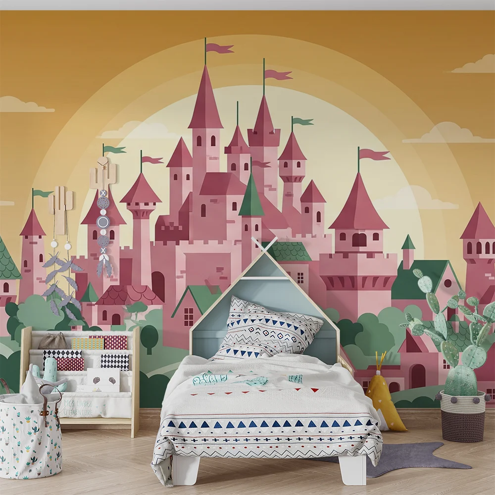 Kinderzimmer Tapete | Märchenschloss und bunter Dorf unter goldenem Himmel
