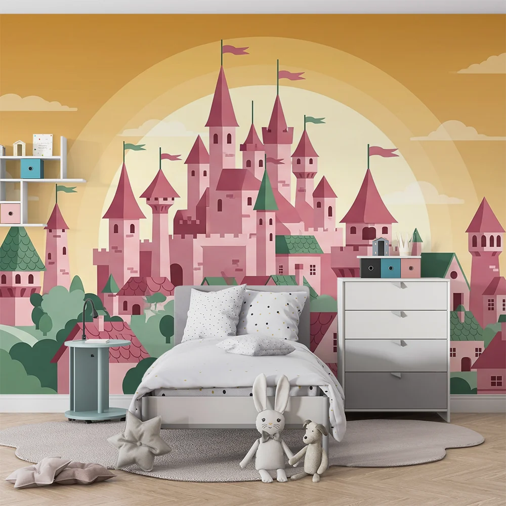 Kinderzimmer Tapete | Märchenschloss und bunter Dorf unter goldenem Himmel