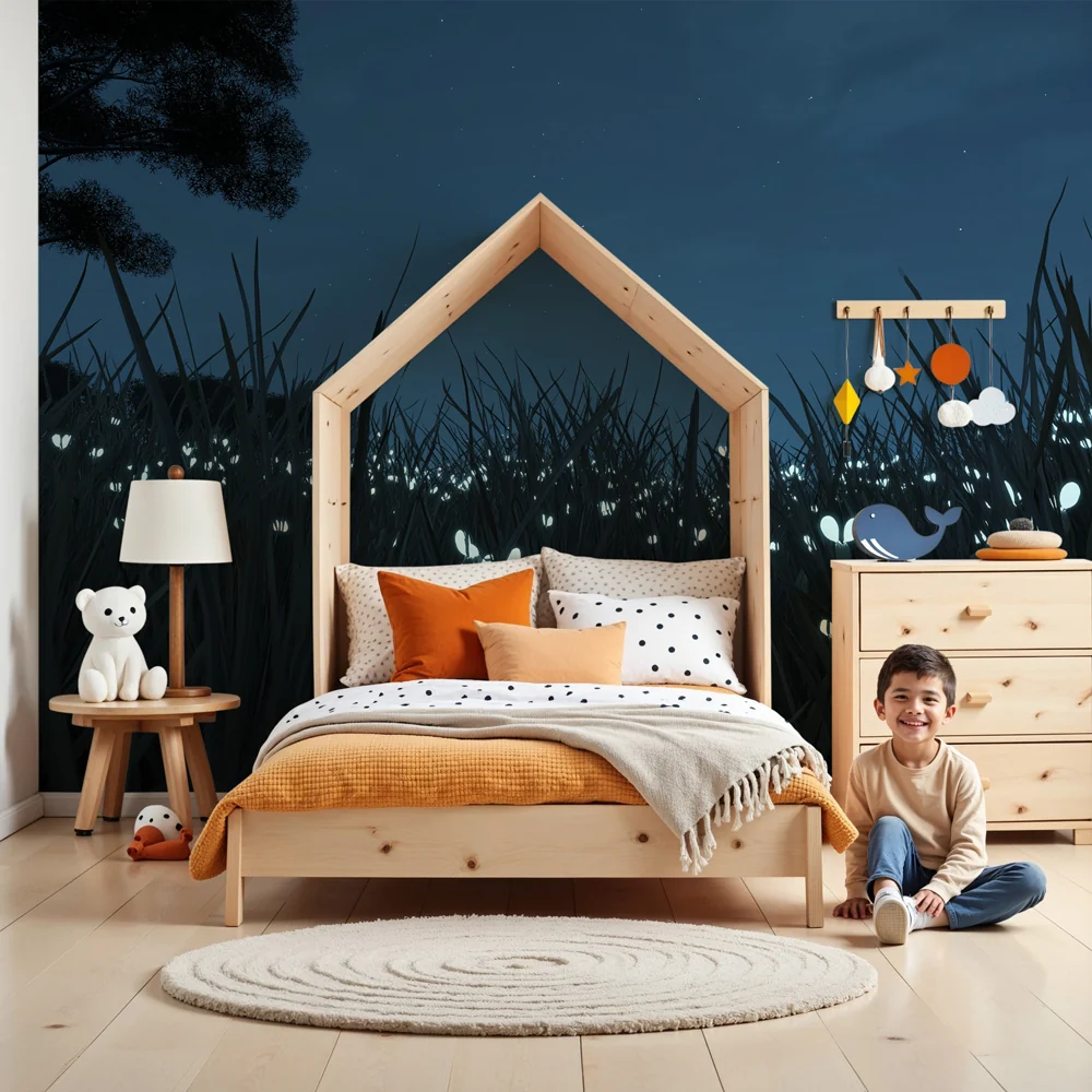 Kinderzimmer Tapete | Nachtprärie mit glühwürmchen