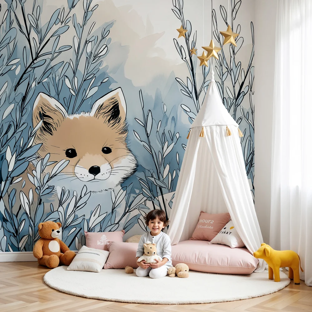 Kinderzimmer Tapete | Neugieriger Fuchs einer winterlichen Landschaft