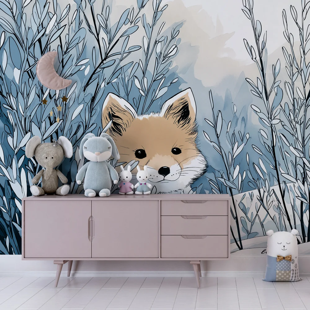 Kinderzimmer Tapete | Neugieriger Fuchs einer winterlichen Landschaft