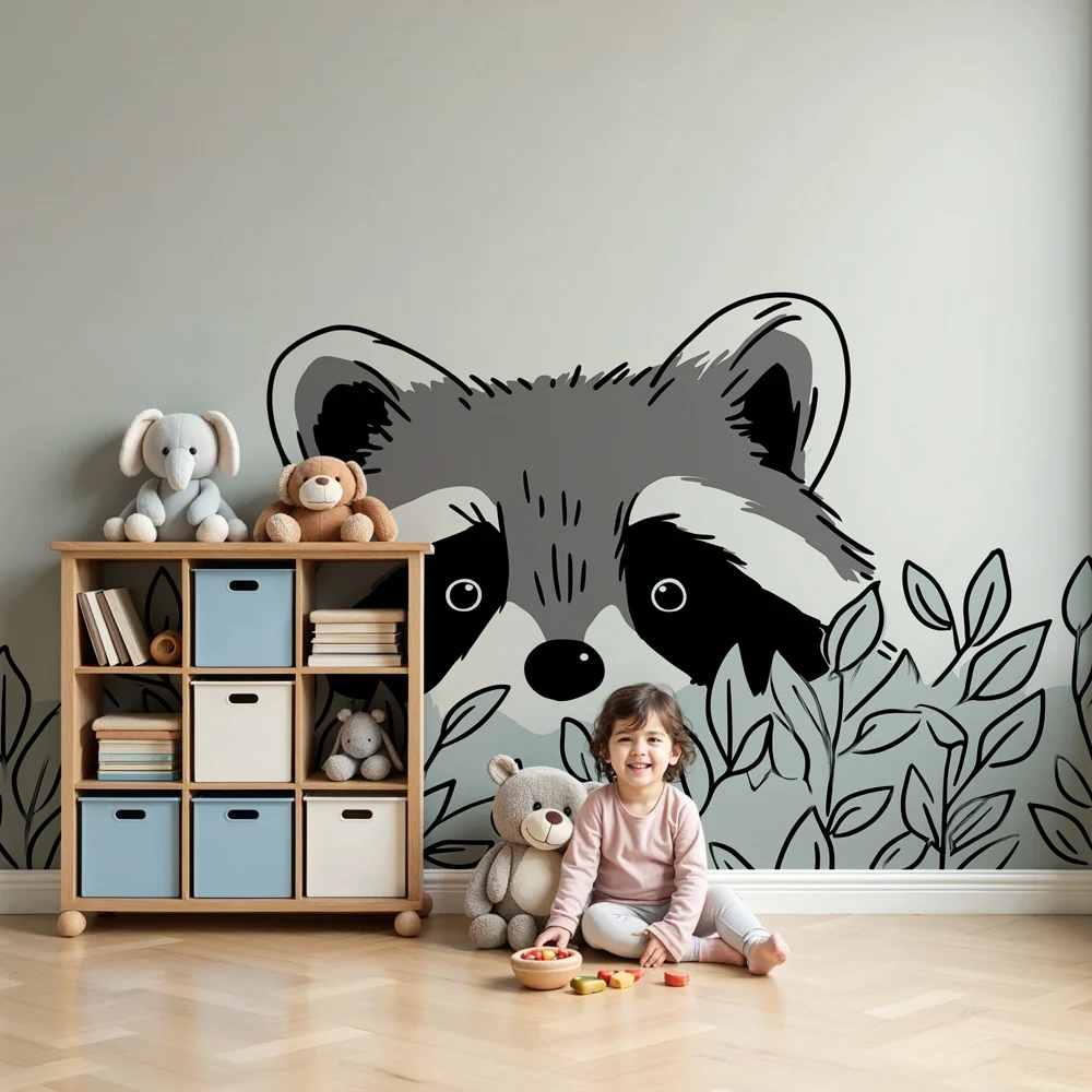 Kinderzimmer Tapete | Neugieriger Waschbär im Grün