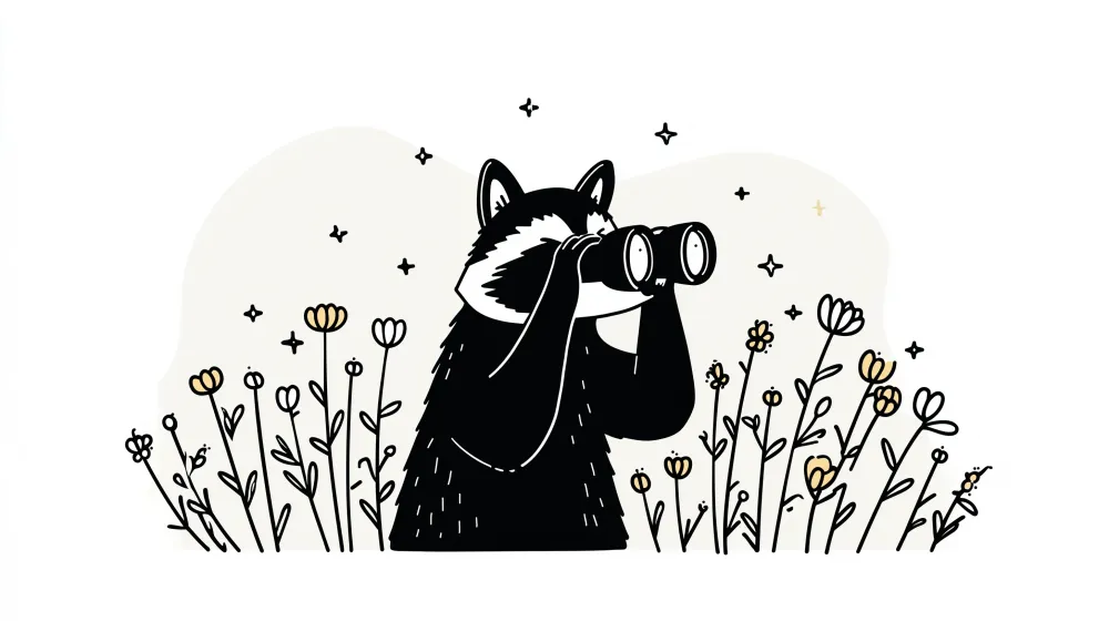 Kinderzimmer Tapete | Neugieriger Waschbär mit Fernglas inmitten von Blumen