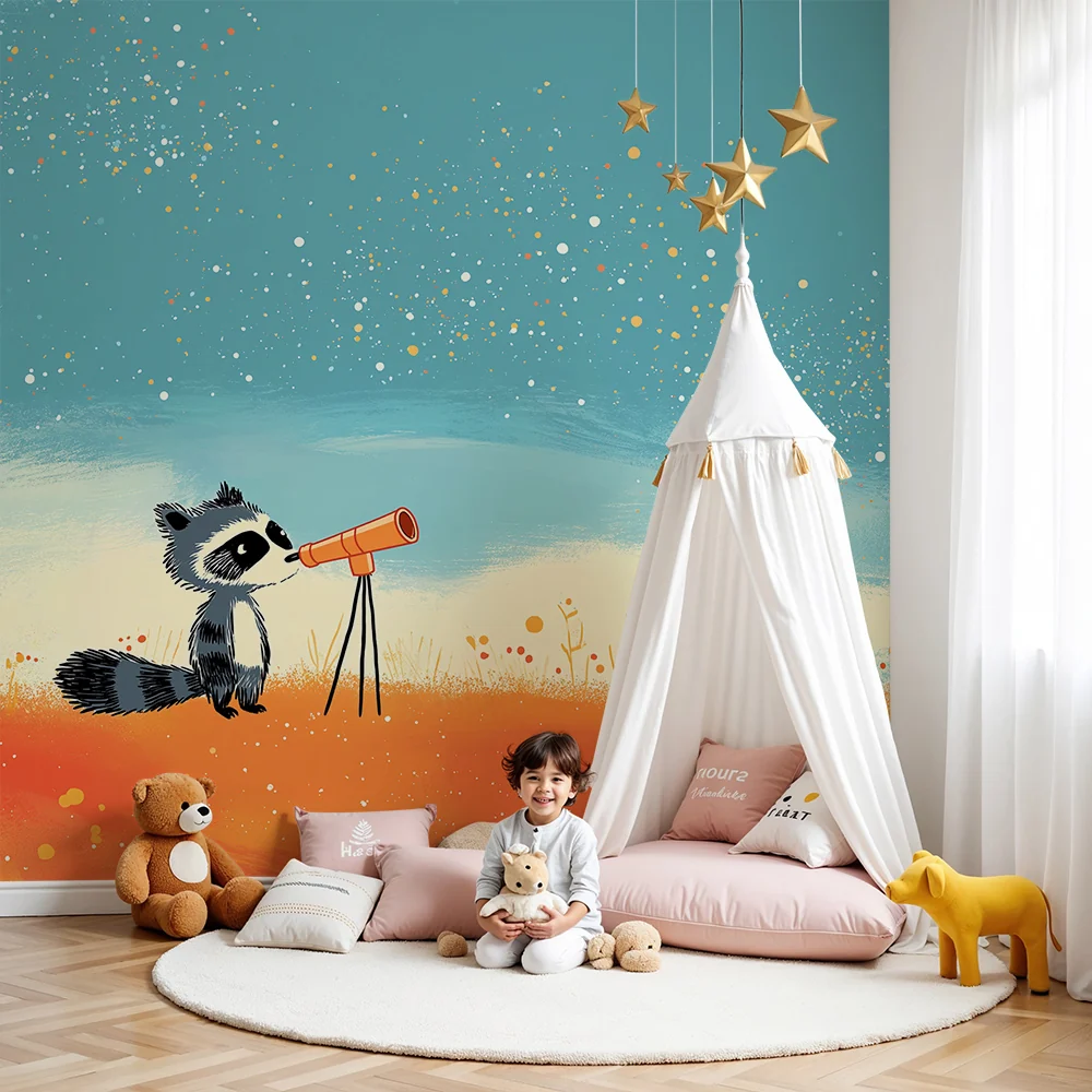 Kinderzimmer Tapete | Neugieriger Waschbär mit Teleskop unter einem Sternenhimmel