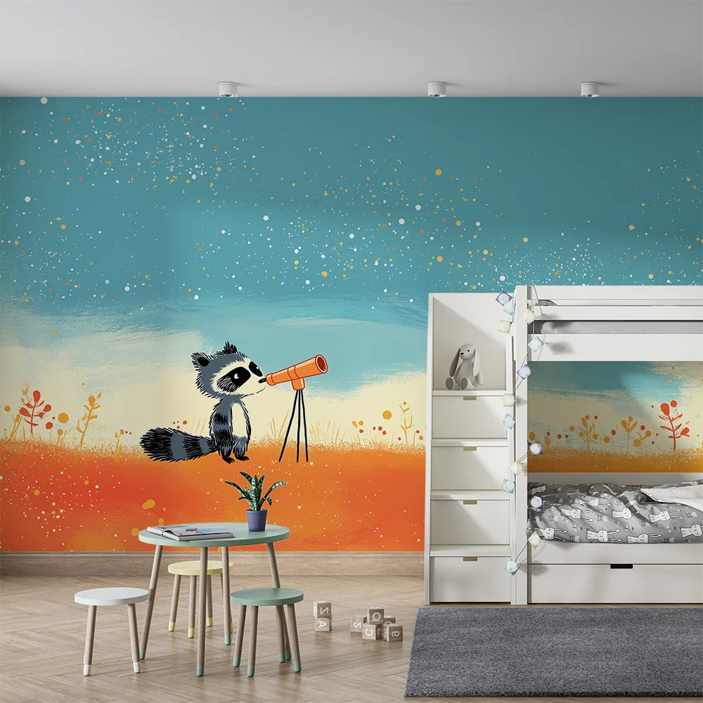 Kinderzimmer Tapete | Neugieriger Waschbär mit Teleskop unter einem Sternenhimmel