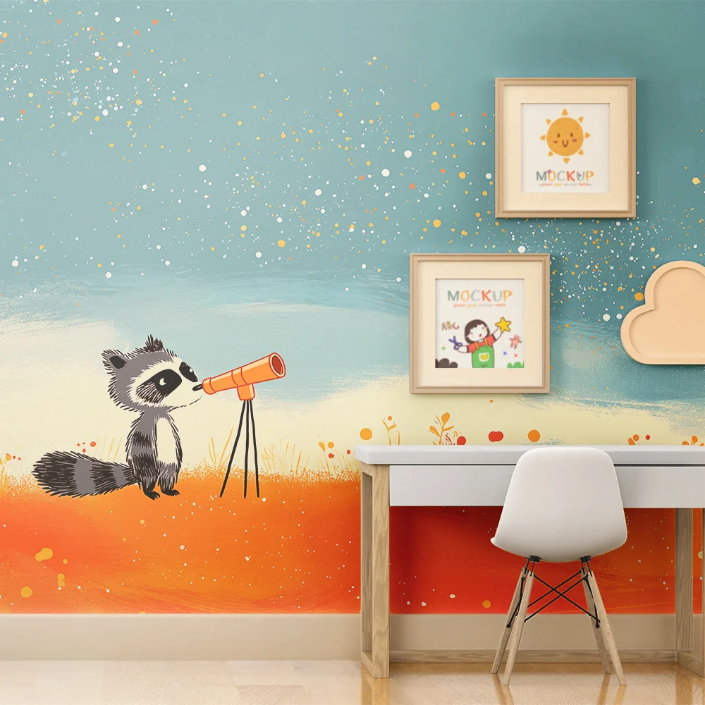 Kinderzimmer Tapete | Neugieriger Waschbär mit Teleskop unter einem Sternenhimmel