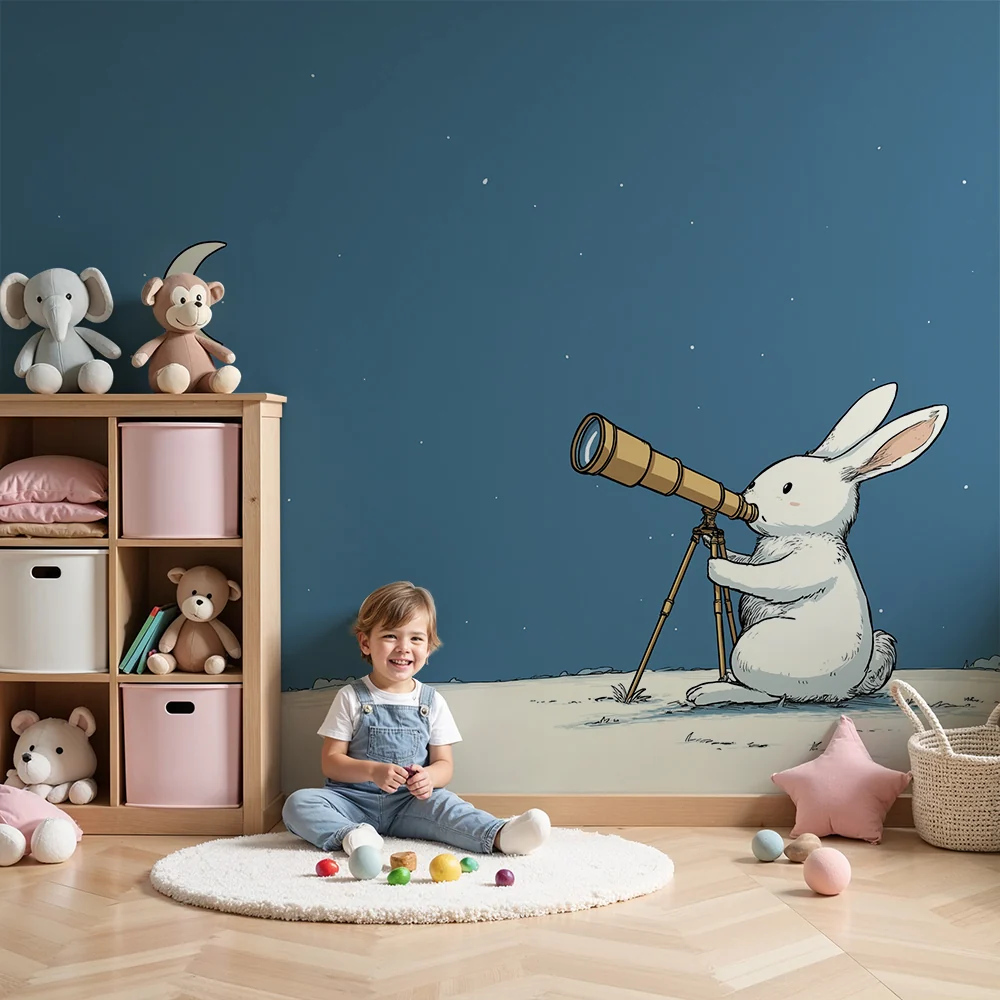 Kinderzimmer Tapete | Neugieriges Kaninchen beobachtet den Mond mit einem Teleskop