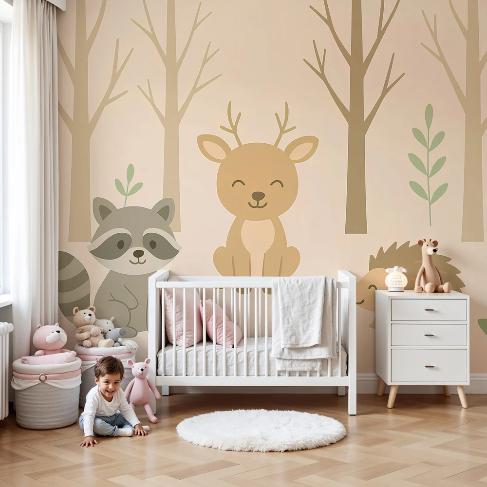 Kinderzimmer Tapete | Niedliche Tiere im Wald
